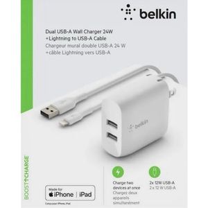 Belkin Dual USB-A Charger + USB-A to Lightning Cable